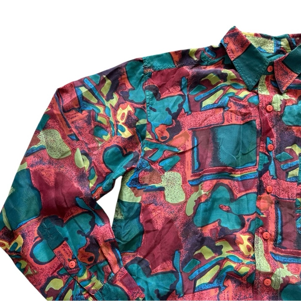 Vintage 100% Silk Colorful Abstract Button-Up Shirt